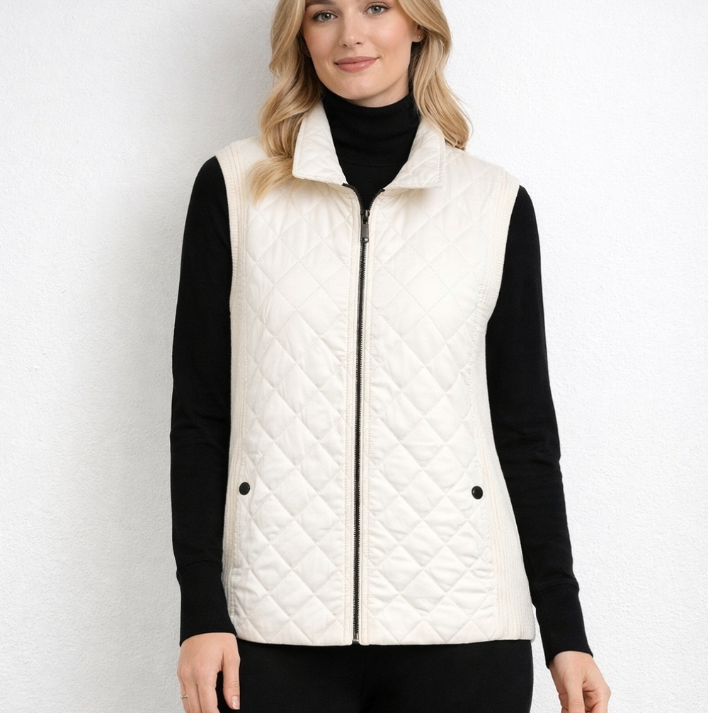 Jones New York Vest Ivory Quilted Zip Front Ribbed Side & Back Sz L Lagenlook